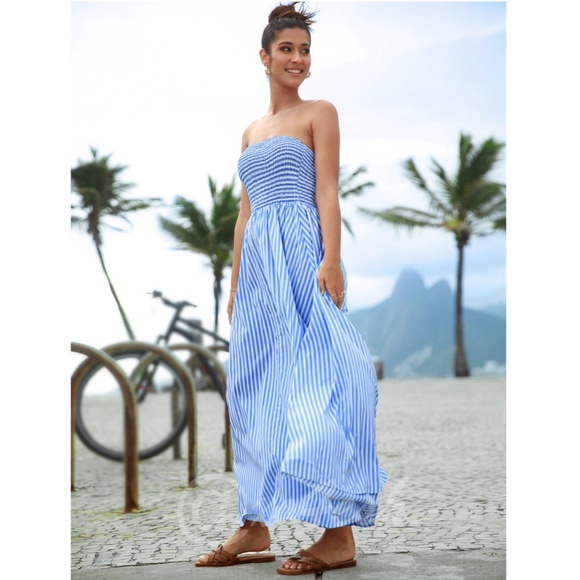 Striped Blue White Maxi Dress Strapless - Picture 4 of 6